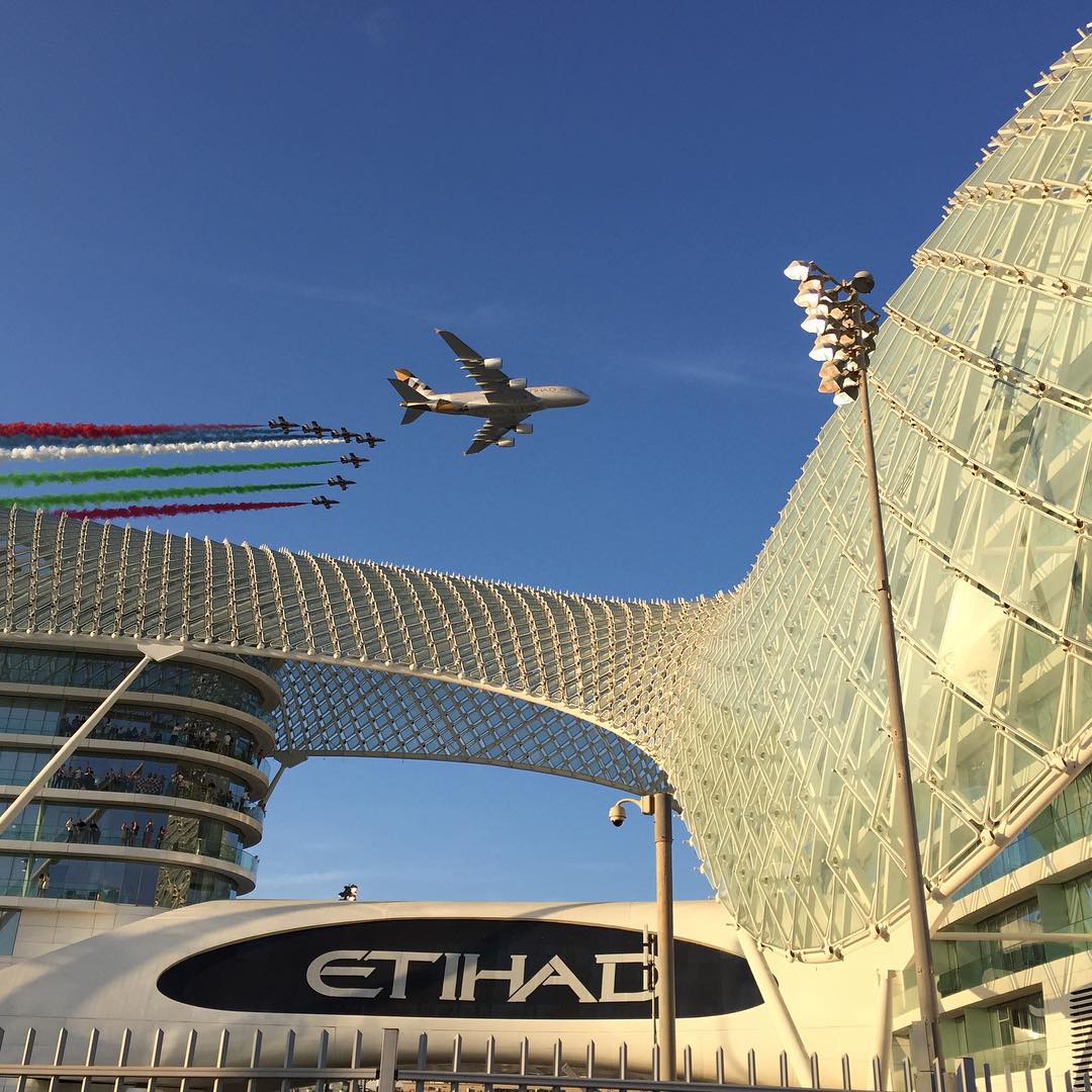 Awesome. Etihad A380 with escort as part of the pre-race flyby. #InAbuDhabi #AbuDhabiGP