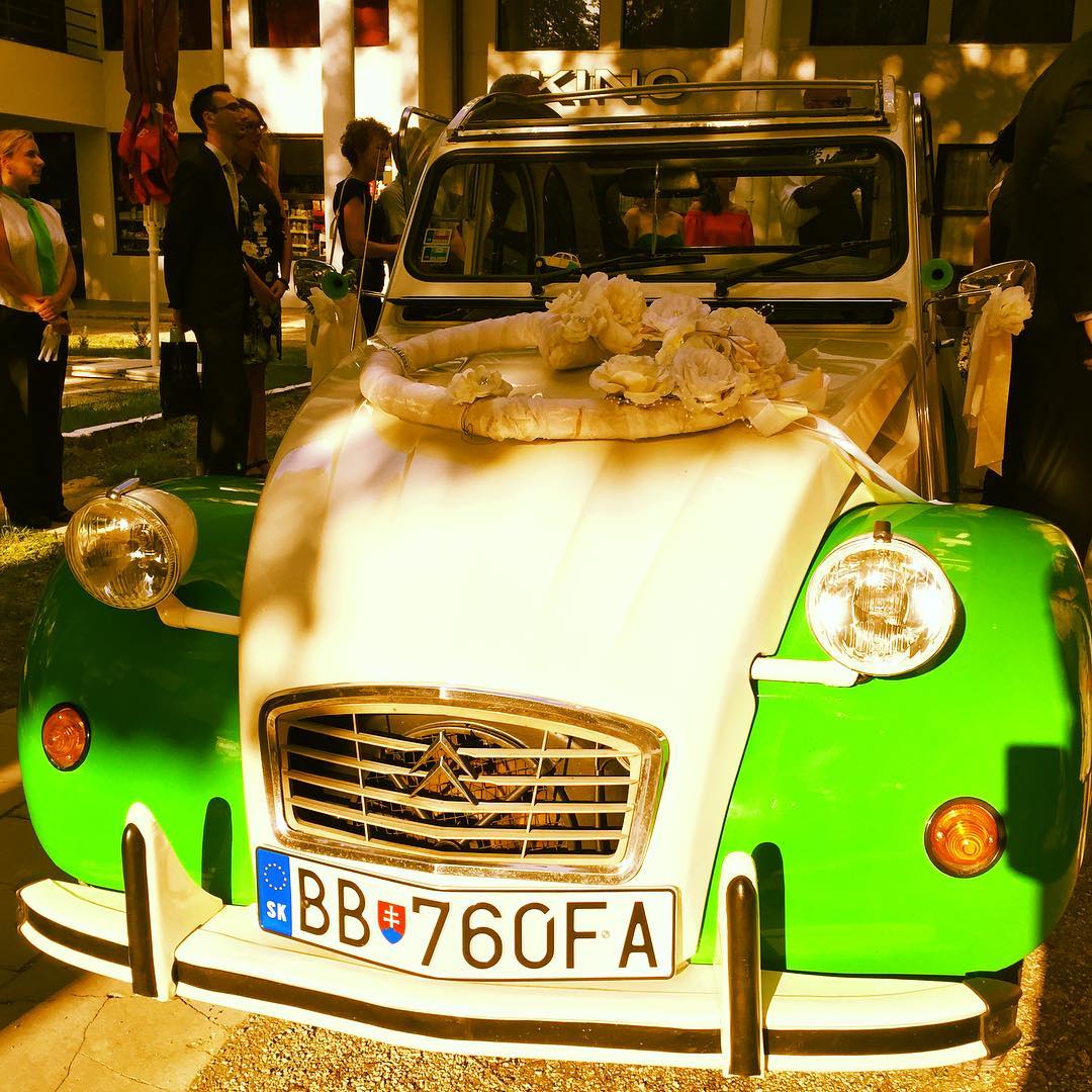 Lush 2CV wedding car in Banská Bystrice yesterday.