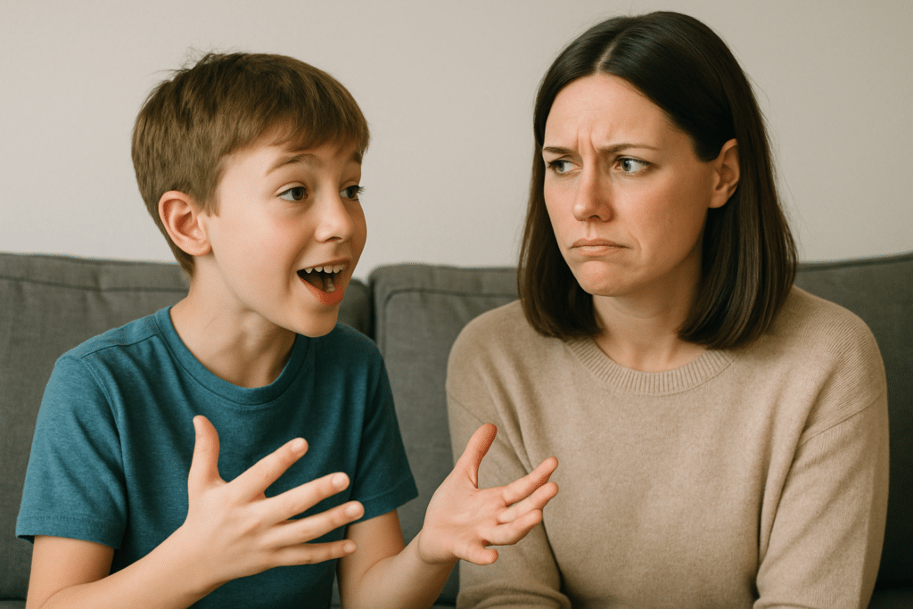 A boy explaining something enthusiastically to a very confused-looking Mum